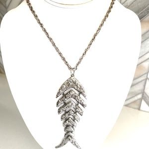Vintage Brutalist Segmented Fish Bone Necklace Silver Tone Pendant, Retro MCM